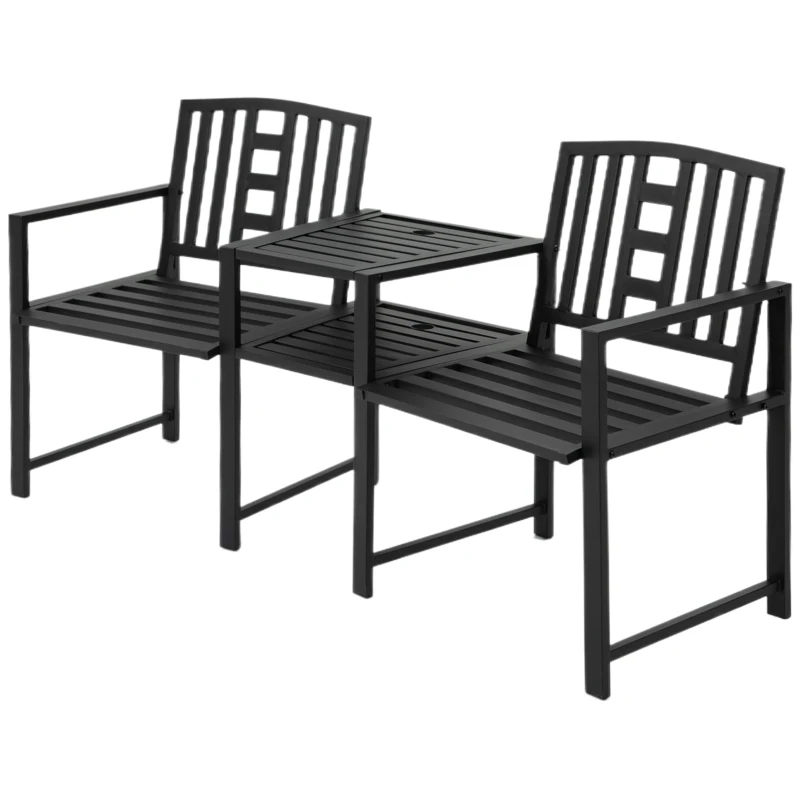 Outsunny 2 Seat Garden Chair Bench Loveseats w/Coffee Table Slatted Design Patio Yard