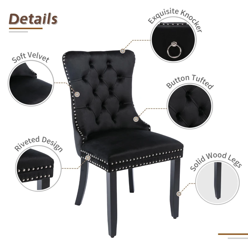 Set of 2 Velvet Dining Chairs with Button Tufted Backrest, Solid Rubber Wood Legs, Foot Pads, Wingback Design, 50L x 64W x 96H cm, Black