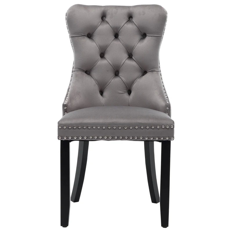 Set of 6 Velvet Dining Chairs with Button Tufted Backrest, Solid Wood Legs, Foot Pads, Wingback Design, 50L x 64W x 96H cm, Grey