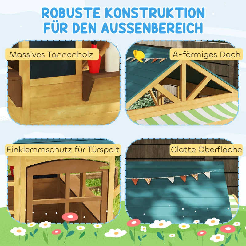 AIYAPLAY Kinder speelhuis van dennenhout, Opvouwbare Speelhut met Vensters, Deur, voor Kinderen van 3-8 Jaar, Bruin+Blauw