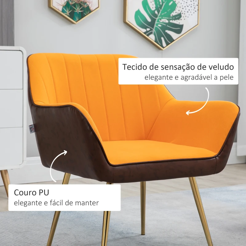 HOMCOM Poltrona de Sala de Estar Estofada em Couro Sintético e Veludo com Apoios para os Braços Pés Dourados 64x62x72,5 cm Amarelo