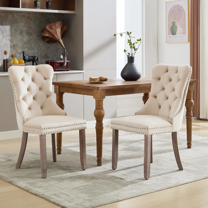 Set of 6 Velvet Upholstered Dining Chairs with Button Tufted Back, Brushed Wood Legs, Foot Pads, Wingback Design, 50L x 64W x 96H cm, Beige