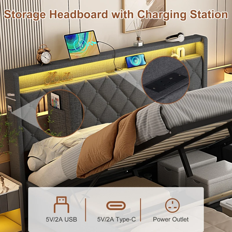 5ft Upholstered King Bed with Hydraulic Storage, LED Lighting, Charging Station, Button-Tufted Headboard, 219.5L x 165.5W x 120.5H cm, Grey