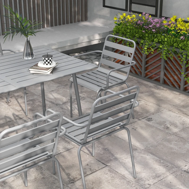 Outsunny Set de Masa de Gradina cu 7 Piese, Masa de Exterior si 6 Scaune Stivuibile, Masa cu Blat de Metal, Gri Deschis