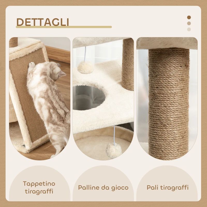 PawHut Albero Tiragraffi per Gatti con Lettino, Cuccia e Tappetino, in Legno, Peluche e Sisal, 60x30x76 cm, Marrone Chiaro
