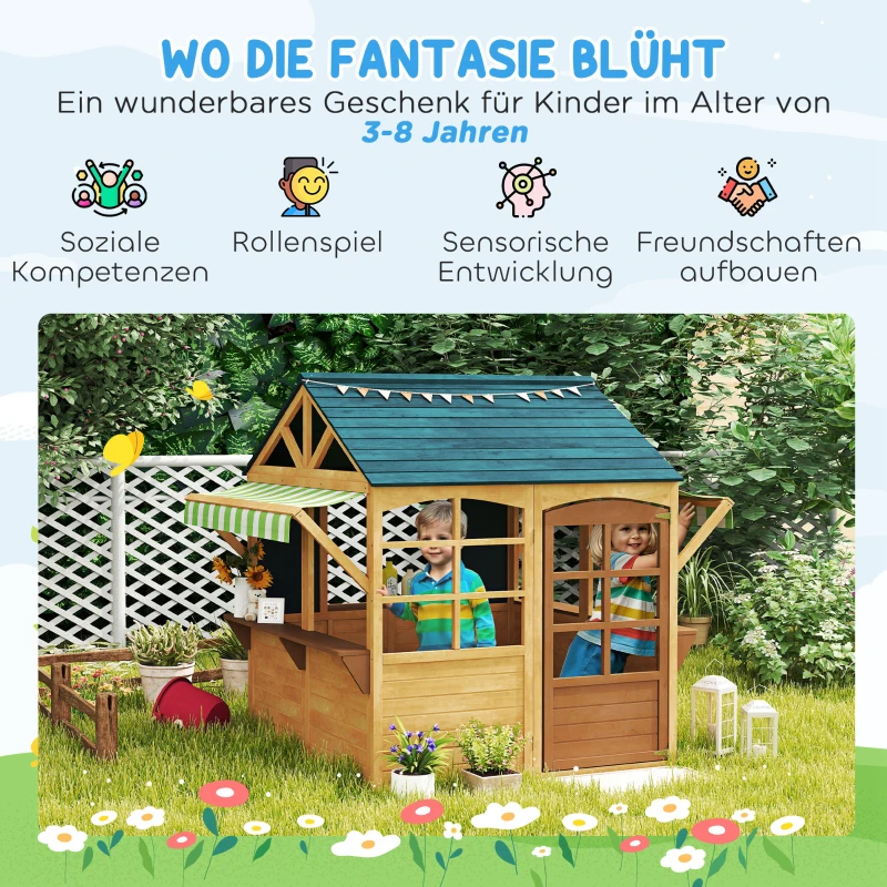 AIYAPLAY Kinder speelhuis van dennenhout, Opvouwbare Speelhut met Vensters, Deur, voor Kinderen van 3-8 Jaar, Bruin+Blauw