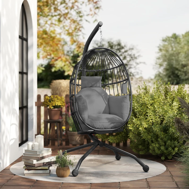 Outsunny Silla Colgante con Soporte Cesta Plegable Cojín y Reposacabezas para Interior y Exterior Carga 120 kg Negro