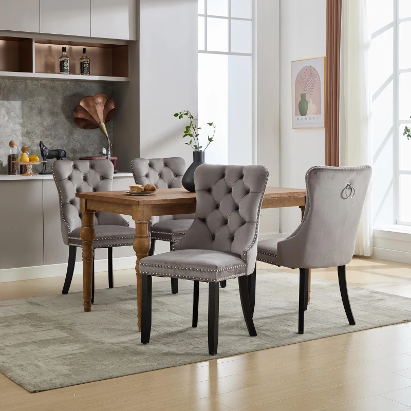 Set of 4 Velvet Dining Chairs with Button Tufted Backrest, Foot Pads, Solid Rubber Wood Legs, Wingback Design, 50L x 64W x 96H cm, Grey