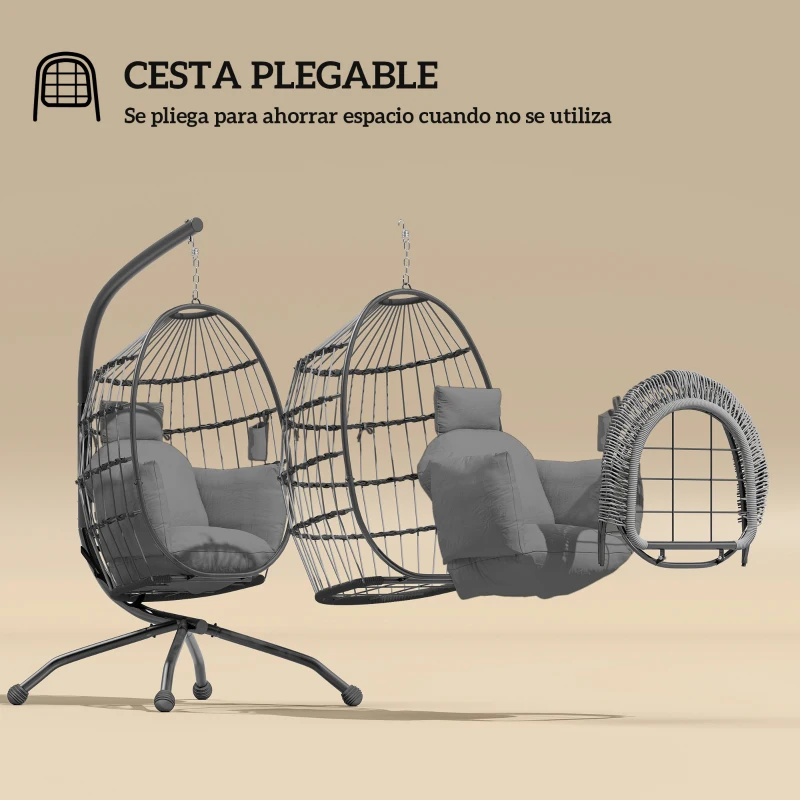 Outsunny Silla Colgante con Soporte Cesta Plegable Cojín y Reposacabezas para Interior y Exterior Carga 120 kg Gris