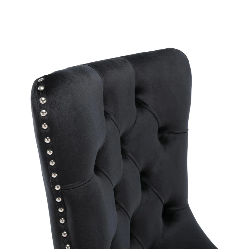 Set of 2 Velvet Dining Chairs with Button Tufted Backrest, Solid Rubber Wood Legs, Foot Pads, Wingback Design, 50L x 64W x 96H cm, Black