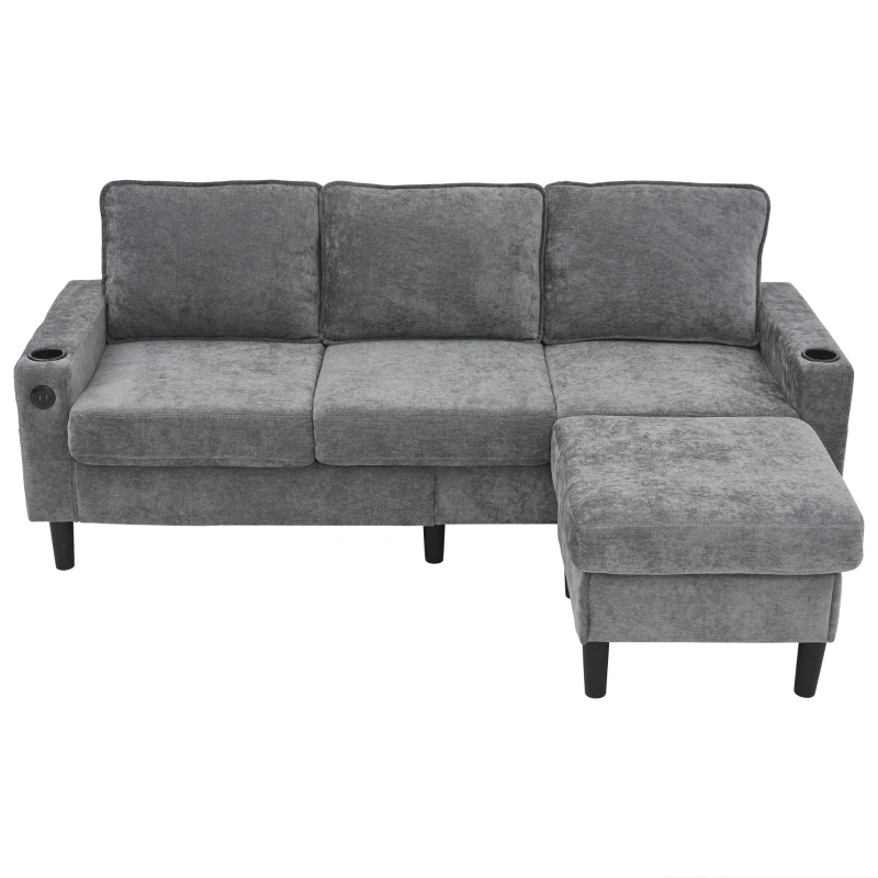 L-Shaped Corner Sofa with USB Charging Ports, Cup Holders, Ergonomic 3-Seater Sectional Couch for Apartment, 202L x 137W x 80H cm, Grey