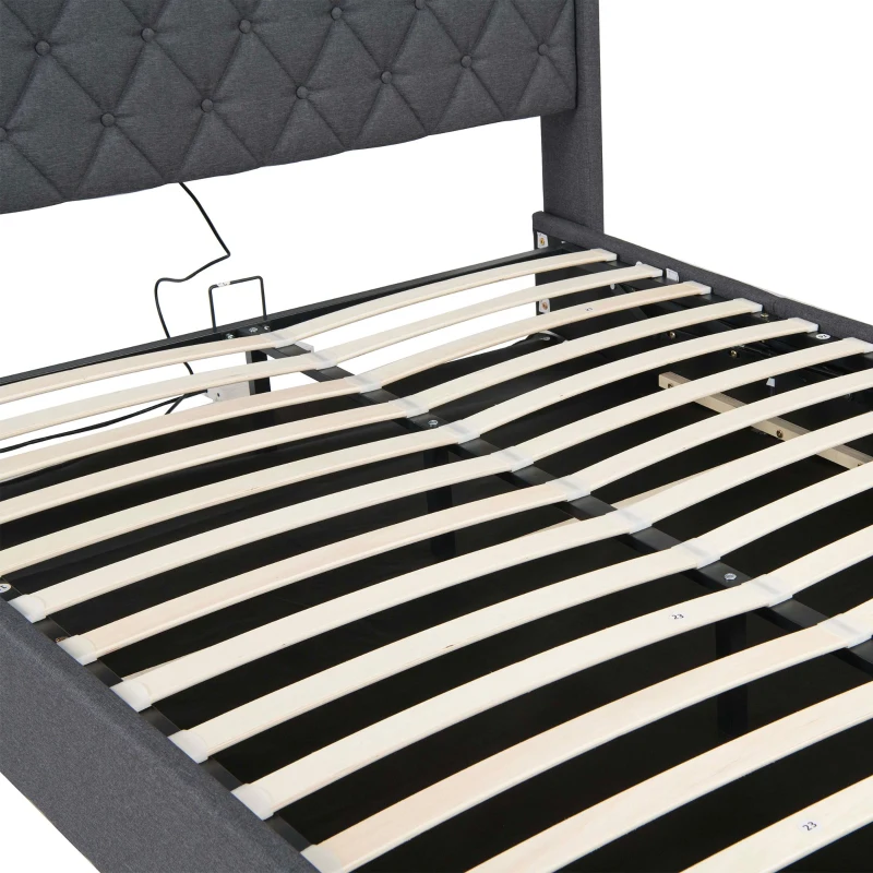 4ft6 Upholstered Double Bed Frame with Hydraulic Storage, LED Lighting, Charging Station, Side Pockets, 209.5L x 150.5W x 120.5H cm, Grey