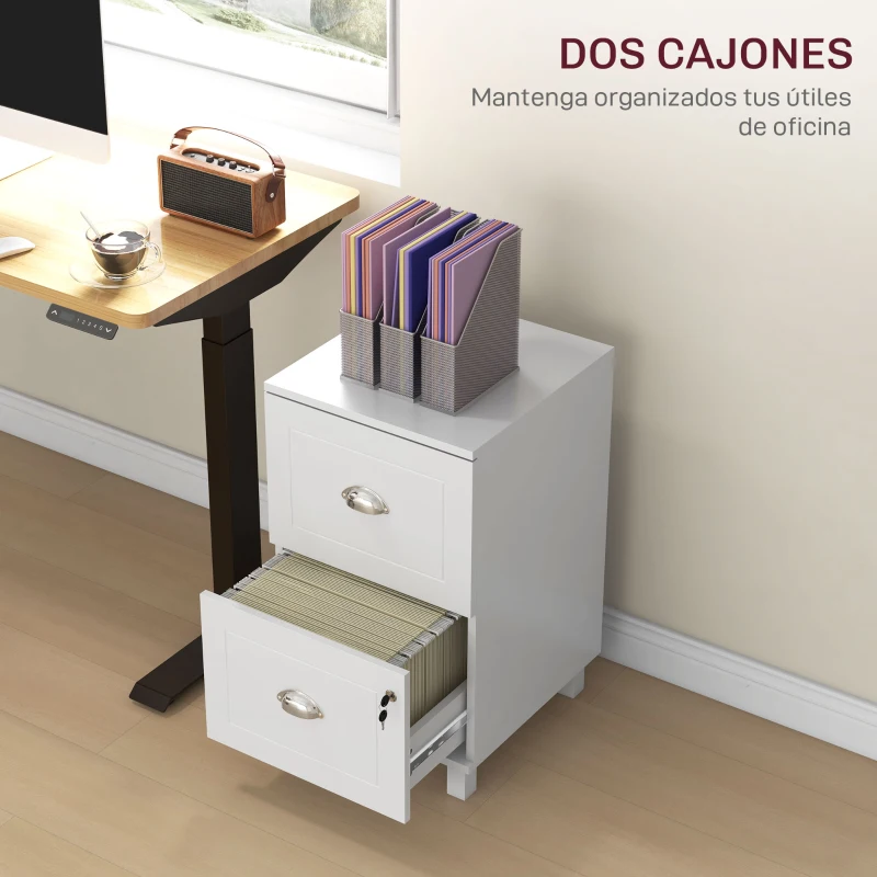 HOMCOM Archivador con Cerradura y 2 Cajones Barras Ajustables para Carpetas A4 y Carta Diseño Compacto 40x41,5x67,5 cm Blanco