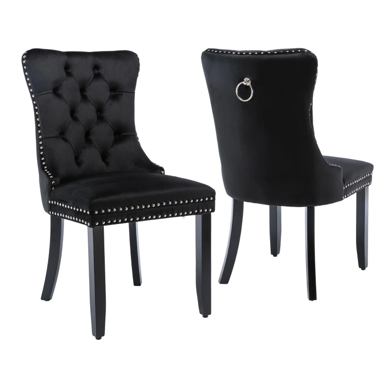 Set of 2 Velvet Dining Chairs with Button Tufted Backrest, Solid Rubber Wood Legs, Foot Pads, Wingback Design, 50L x 64W x 96H cm, Black
