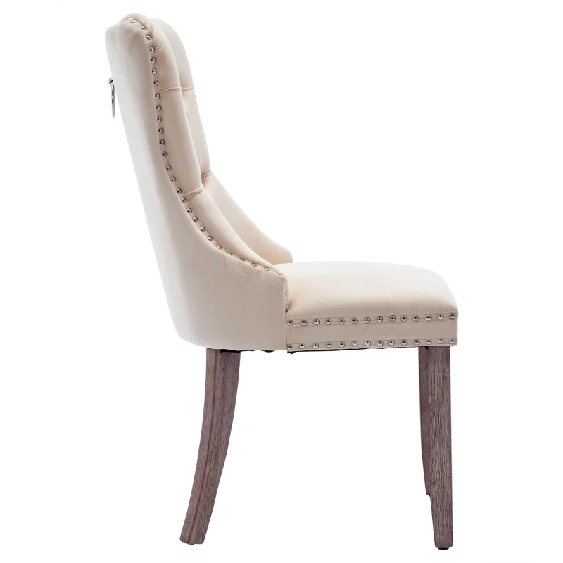 Set of 2 Velvet Upholstered Dining Chairs with Button Tufted Back, Brushed Wood Legs, Knocker Ring, Foot Pads, 50L x 64W x 96H cm, Beige