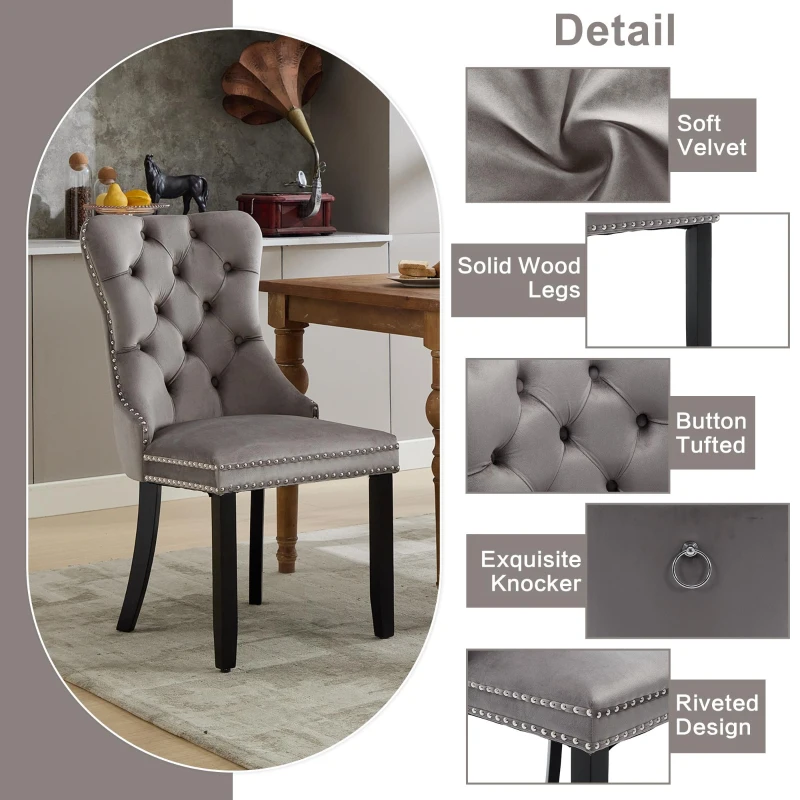 Set of 6 Velvet Dining Chairs with Button Tufted Backrest, Solid Wood Legs, Foot Pads, Wingback Design, 50L x 64W x 96H cm, Grey