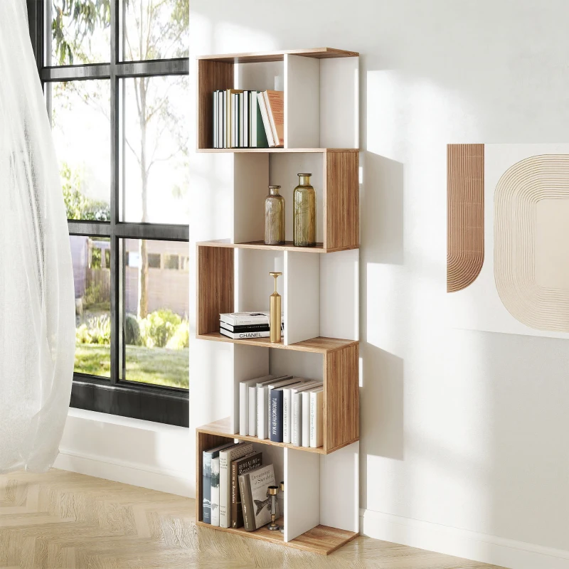 HOMCOM Estantería en Forma de S Alta con 5 Estantes Diseño Moderno para Salón Oficina 60x24x184,5cm Blanco y Madera(m-2)