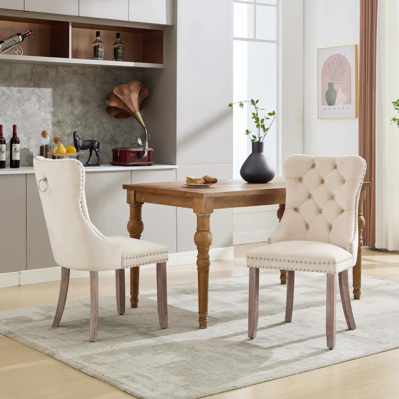 Set of 2 Velvet Upholstered Dining Chairs with Button Tufted Back, Brushed Wood Legs, Knocker Ring, Foot Pads, 50L x 64W x 96H cm, Beige