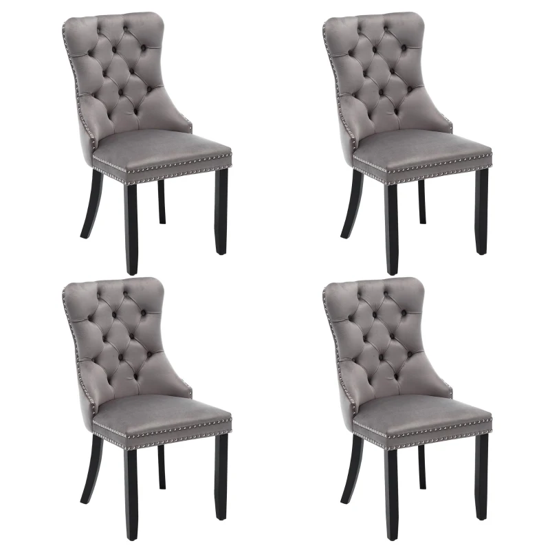 Set of 4 Velvet Dining Chairs with Button Tufted Backrest, Foot Pads, Solid Rubber Wood Legs, Wingback Design, 50L x 64W x 96H cm, Grey