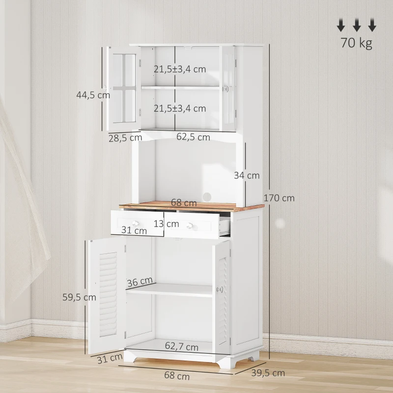 HOMCOM Buffet de cuisine armoire de cuisine 2 placards 2 portes persiennes et acryliques 2 tiroirs grande niche bois caoutchouc MDF blanc