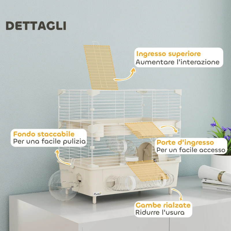 PawHut Gabbia per Criceti a 2 Livelli e 3 Porte con Ruota e Tubi, in Acciaio, PS e PP, 44.5x28x44 cm, Crema e Bianco
