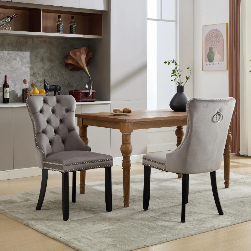 Set of 2 Velvet Dining Chairs with Knocker Ring, Button Tufted Backrest, Upholstered Chairs with Rubber Wood Legs, 50L x 64W x 96H cm, Grey
