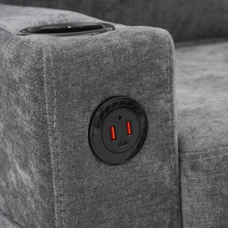 L-Shaped Corner Sofa with USB Charging Ports, Cup Holders, Ergonomic 3-Seater Sectional Couch for Apartment, 202L x 137W x 80H cm, Grey