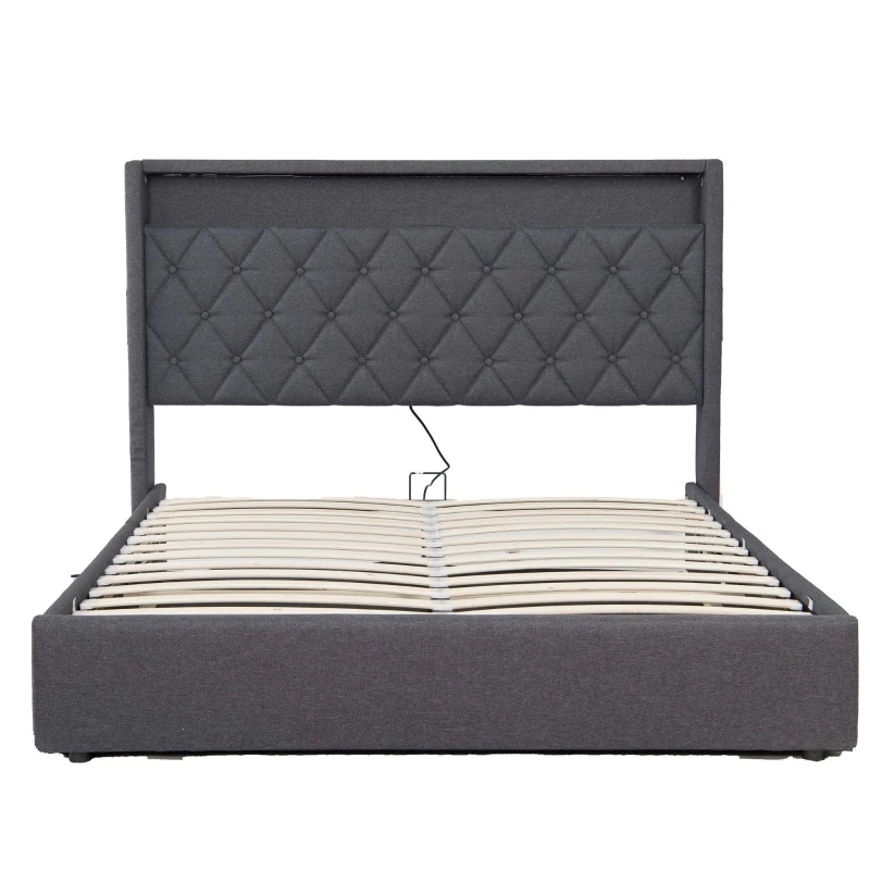 4ft6 Upholstered Double Bed Frame with Hydraulic Storage, LED Lighting, Charging Station, Side Pockets, 209.5L x 150.5W x 120.5H cm, Grey
