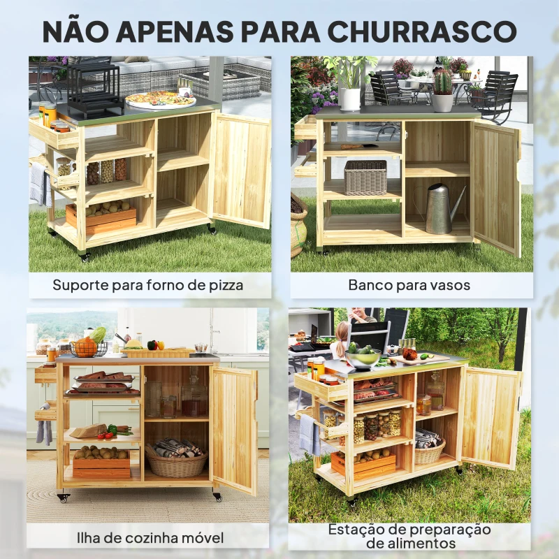 Outsunny Carrinho de Barbecue de Madeira Carrinho de Serviço com Prateleiras Armário Bancada de Aço Inoxidável 134,5x50x91,5 cm Madeira