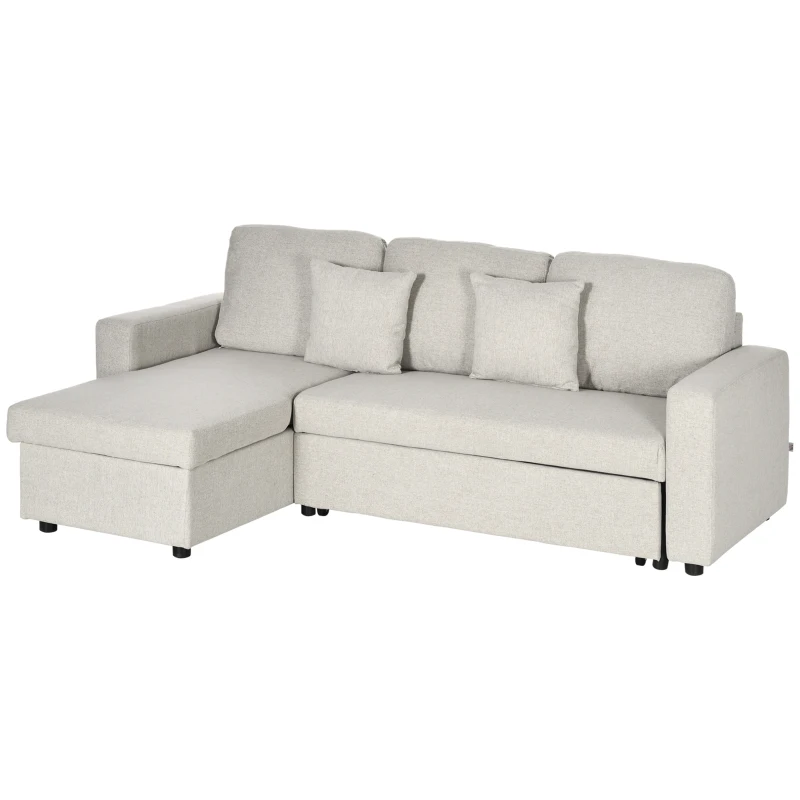 HOMCOM Slaapbank Hoekbank met Bedfunctie, inclusief 2-Zits Sofa, Eenpersoonsbed, L-vorm met Opbergruimte, 2 Kussens Crèmewit(m-10)