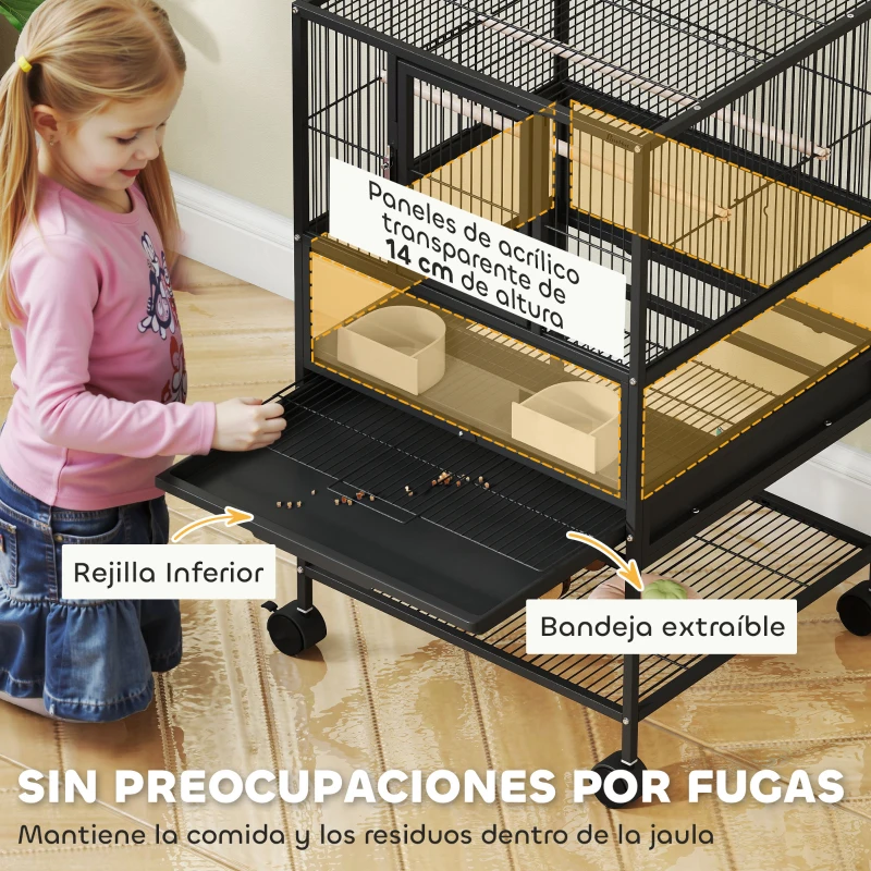 PawHut Jaula para Pájaros con Paneles Acrílicos Comederos Soporte Ruedas y Estante Inferior 48x46x83 cm Negro