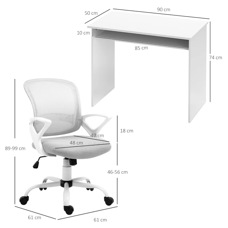 Vinsetto Home Office Chair and Computer Desk Set, Mesh Chair with Swivel Wheels, Study Desk with Storage Shelf, High Gloss White and Grey