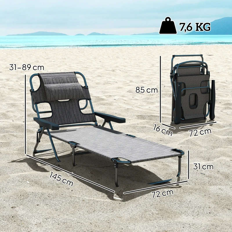 Outsunny Espreguiçadeira Dobrável de Jardim com Encosto Ajustável em 4 Níveis Orifício de Leitura e Almofada 194x72x31 cm Cinza
