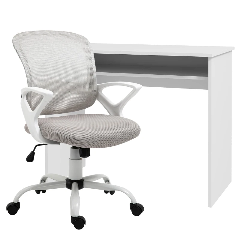 Vinsetto Home Office Chair and Computer Desk Set, Mesh Chair with Swivel Wheels, Study Desk with Storage Shelf, High Gloss White and Grey