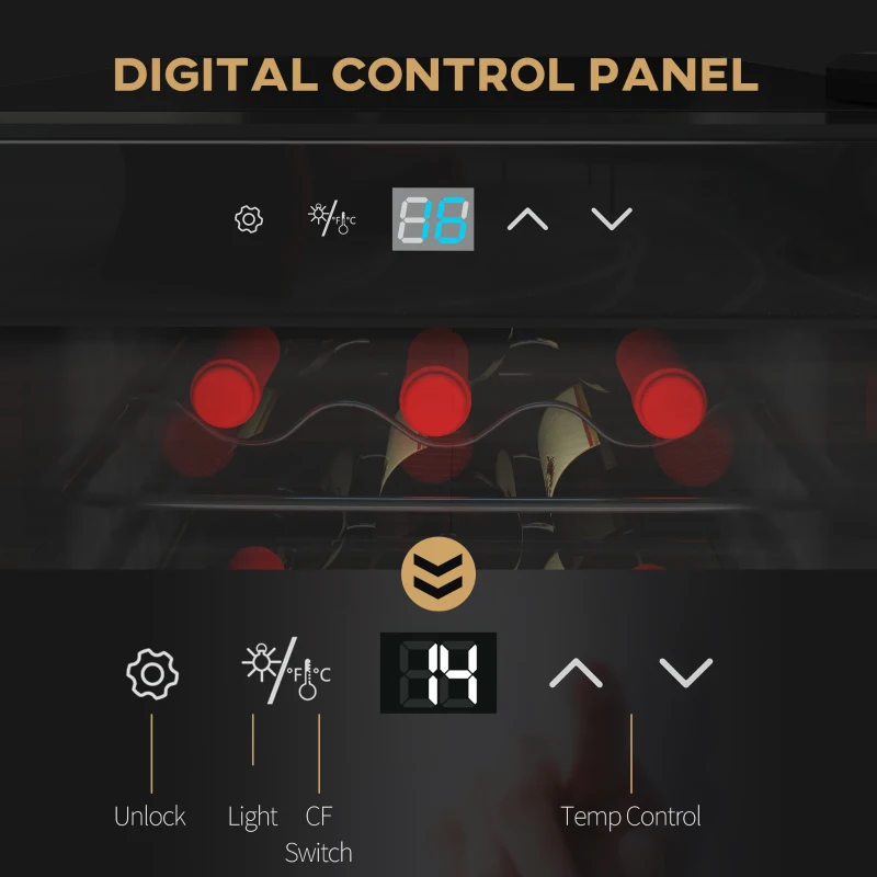 HOMCOM Frigider pentru Vinuri, Frigider de Vin cu Control al Temperaturii, Ecran Tactil Digital și Lumină LED, 18 Sticle, 34.5x45x78 cm, Negru
