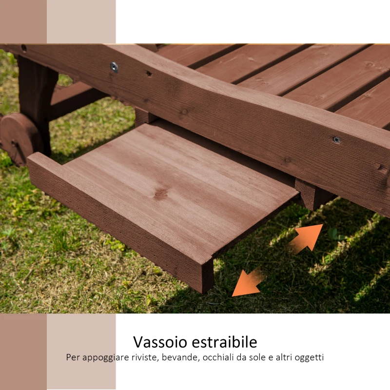 Outsunny Lettino Prendisole in Legno, Lettino Sdraio da Giardino con Ruote e Vassoio Estraibile 182x60x35cm