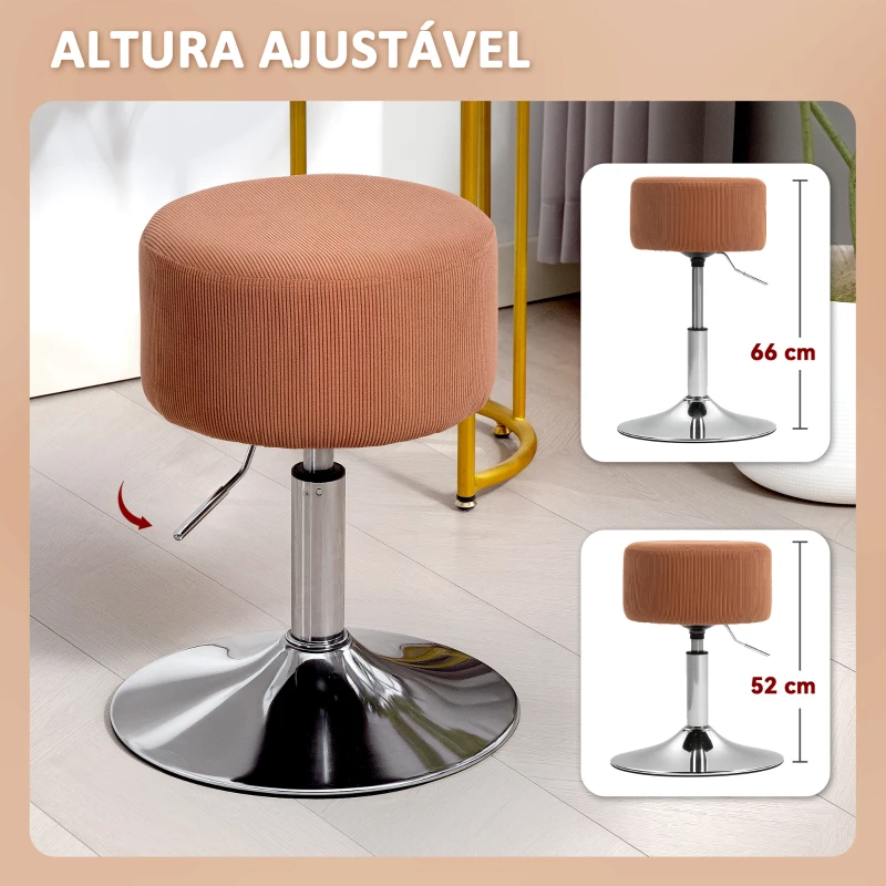 HOMCOM Banco de Bar Banco Alta de Cozinha Ajustável em Altura 52-66 cm Estofado em Veludo Giratória a 360° Marrom
