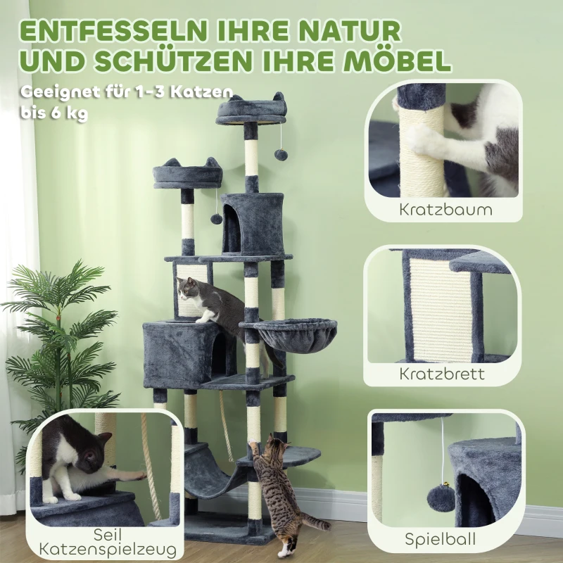 PawHut Kratzbaum 206 cm Katzenturm mit Höhle, 2 Spielballen, Sisalstämme, Plattform für große Katzen, Dunkelgrau