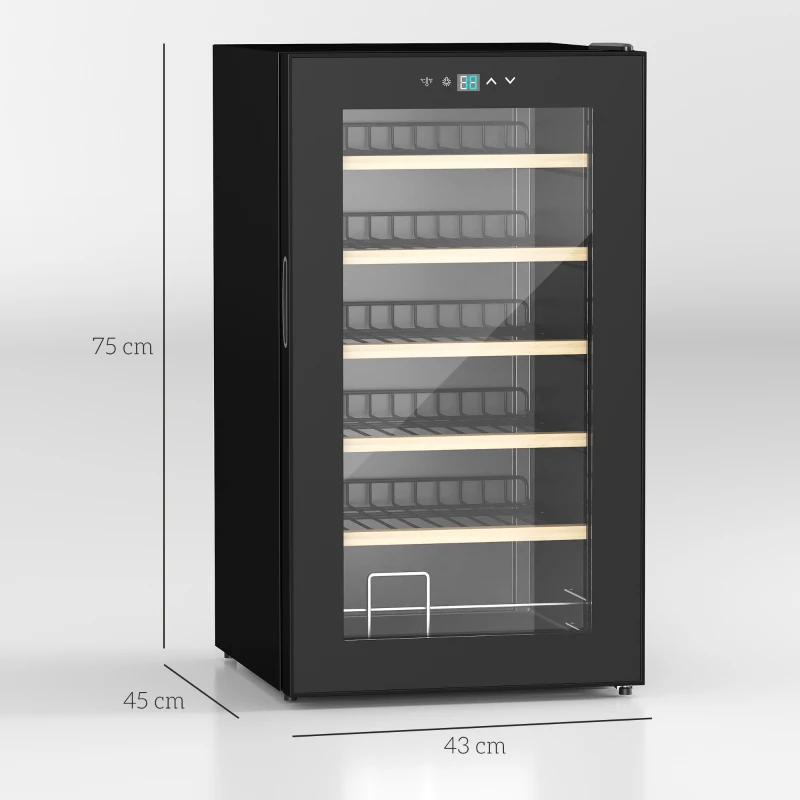 HOMCOM Nevera Vinos 24 Botellas 65L con Luz LED Interior Pantalla Táctil Puerta de Vidrio y 5 Estantes de Metal Negro