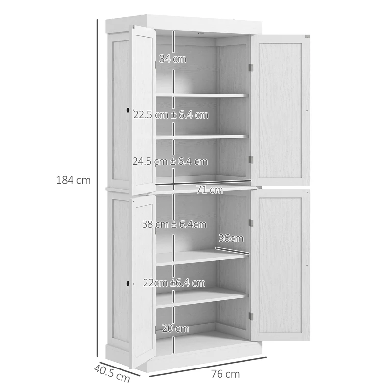 HOMCOM Mobile Cucina Alto con 6 Ripiani Regolabili e 2 Ante in Legno, 76x40.5x184 cm, Bianco