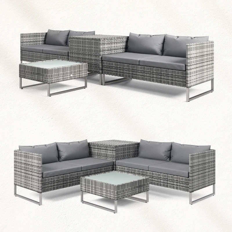 Outsunny Conjunto de 4 Muebles de Jardín de Ratán con 2 Sofás Dobles Mesa Central Mesa con Arcón Cojines Extraíbles para Terraza Exterior 132x69x64 cm Gris