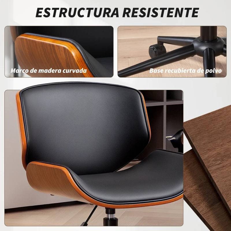 HOMCOM Silla de Escritorio sin Brazos Vintage Giratoria Tapizada en PU Madera Curvada Altura Ajustable Negro y Marrón