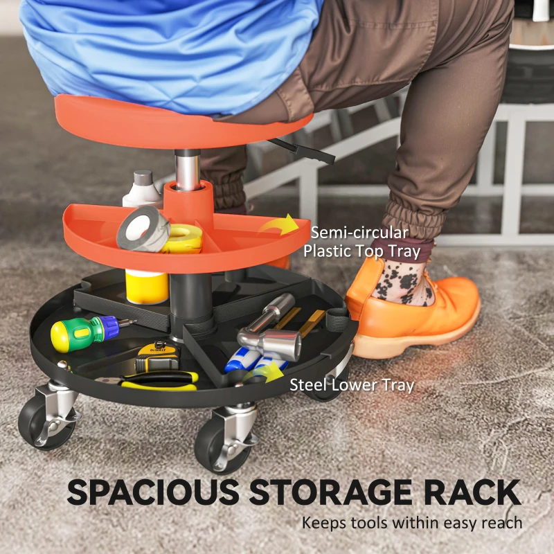 HOMCOM Rolling Mechanic Stool, 135kg Capacity Workshop Stool, 360° Swivel Roller Padded Creeper Seat with Wheels, Tool Trays Storage for Garage, Shop, Auto Repair, Yellow