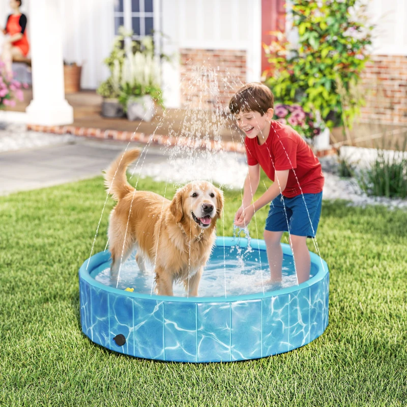 PawHut Opvouwbaar Hondenzwembad en Plonsbad met Fontein- en Waterkussenontwerp Ø120 x 30 cm Blauw