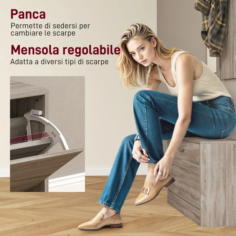 HOMCOM Set da Ingresso 3 Pezzi con Scarpiera, Appendiabiti e Specchio, in Legno e Vetro, color Legno e Bianco