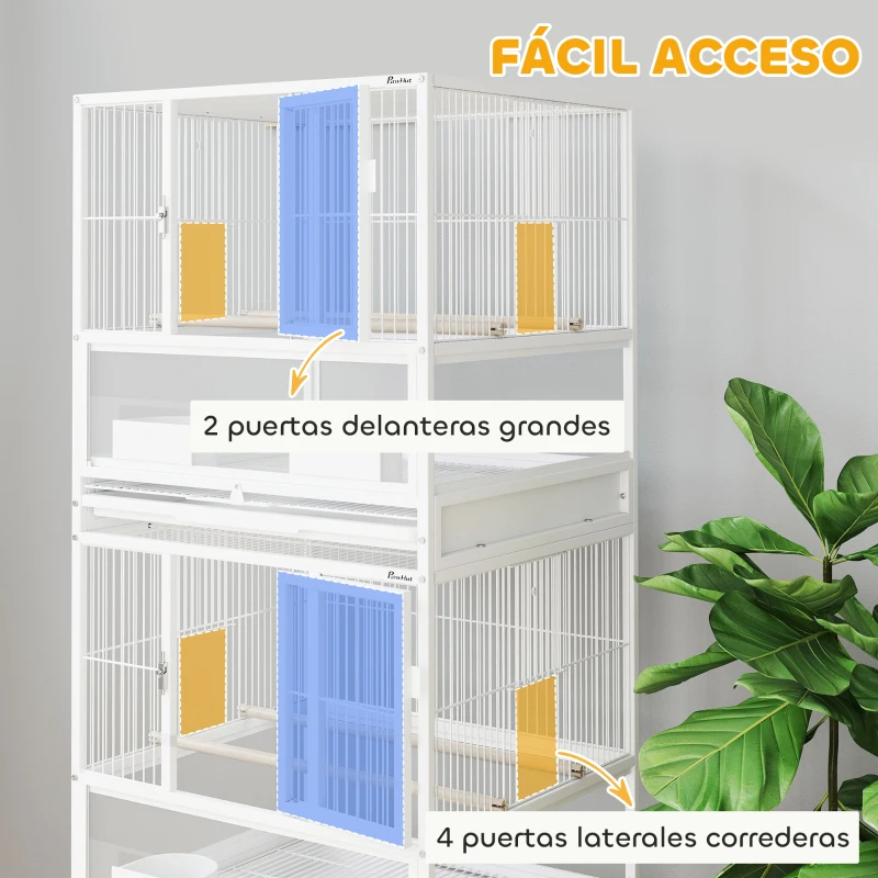 PawHut Jaula para Pájaros de 2 Niveles con Paneles Acrílicos Comederos Perchas Ruedas y Estante Inferior 48x46x134,5 cm Blanco