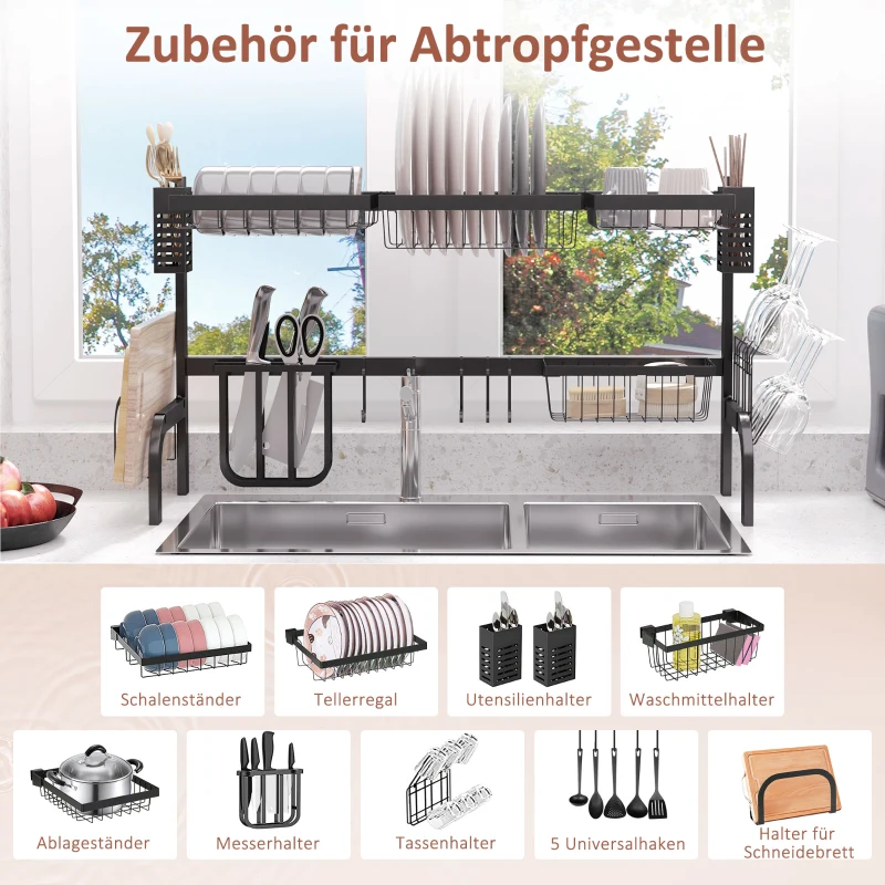 HOMCOM Abtropfgestell Geschirr, 2-stufiges Abtropfständer mit Haken, Tellerregal, Zubehör, 100 cm Stahl, Schwarz