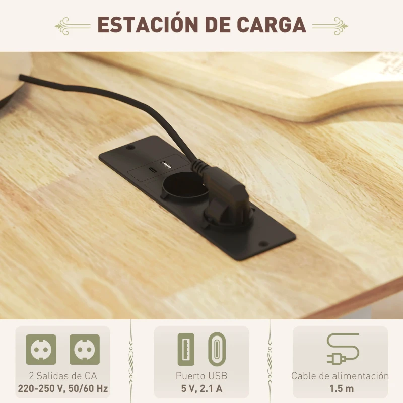 HOMCOM Isla de Cocina con Ruedas Toma de Corriente USB Tablero Plegable 2 Cajones Especiero y Toallero 119,5x74x94,5 cm Blanco