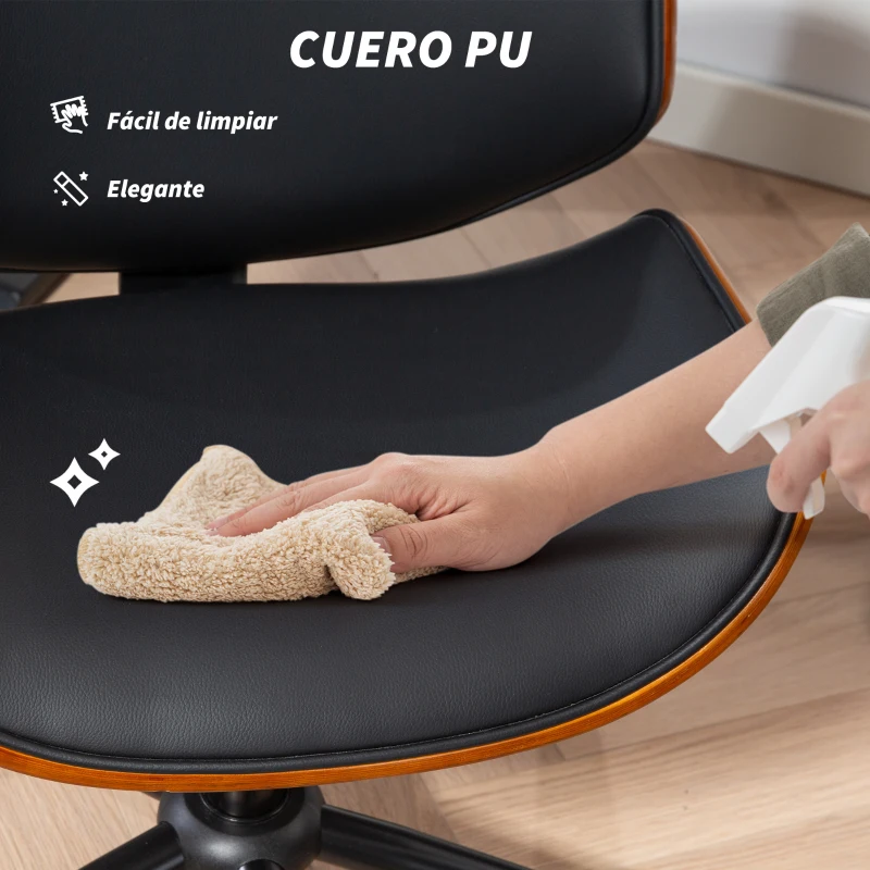 HOMCOM Silla de Escritorio sin Brazos Vintage Giratoria Tapizada en PU Madera Curvada Altura Ajustable Negro y Marrón