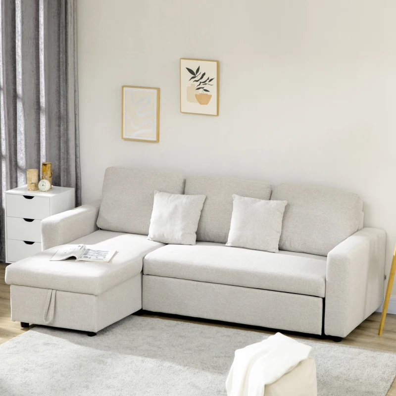 HOMCOM Ecksofa mit Bettfunktion, Eckcouch inklusive 2er-Sitz Sofa, Einzelbett, L-Form mit Stauraum, 2 Kissen Cremeweiß(m-2)